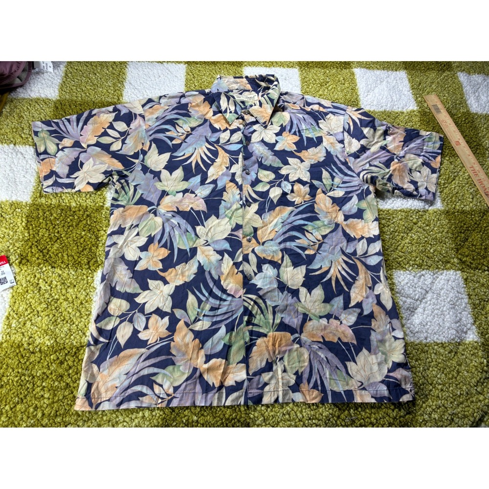 Tori Richard Men L Cotton Lawn Hawaiian Shirt Tropical Leaf Blue Style 0300 1420